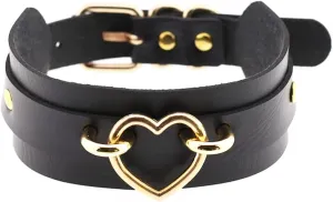 Punk Leather Goth Choker Collar Adjustable Rock PU Leather Choker Necklaces Cosplay Jewelry Vintage Necklaces - Black with Gold Heart