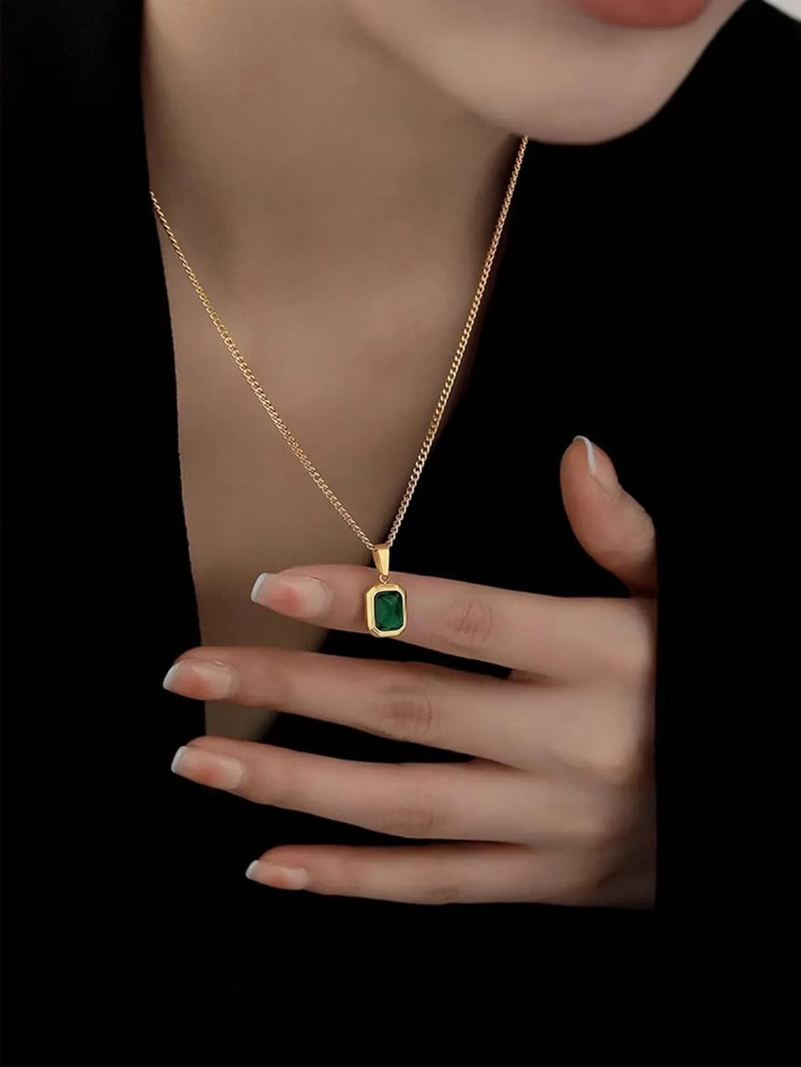 Q&D&S 18k Gold Emerald Necklace for WomenBirthstone Rectangle Princess Cut Charm NecklaceBlue Sapphire or Green Emerald Gemstone Pendant Necklace