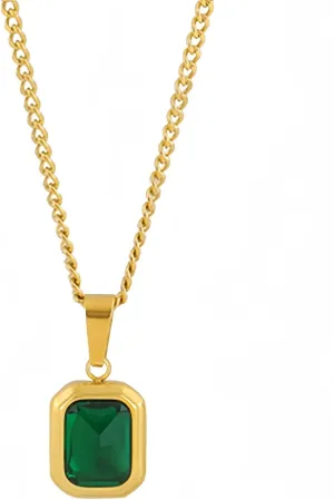 Q&D&S 18k Gold Emerald Necklace for Women??Birthstone Rectangle Princess Cut Charm Necklace??Blue Sapphire or Green Emerald Gemstone Pendant Necklace