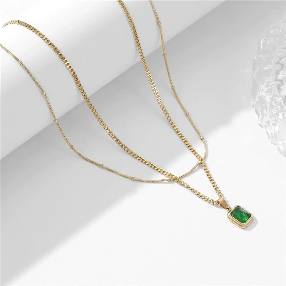 Q&D&S 18k Gold Emerald Necklace for WomenBirthstone Rectangle Princess Cut Charm NecklaceBlue Sapphire or Green Emerald Gemstone Pendant Necklace