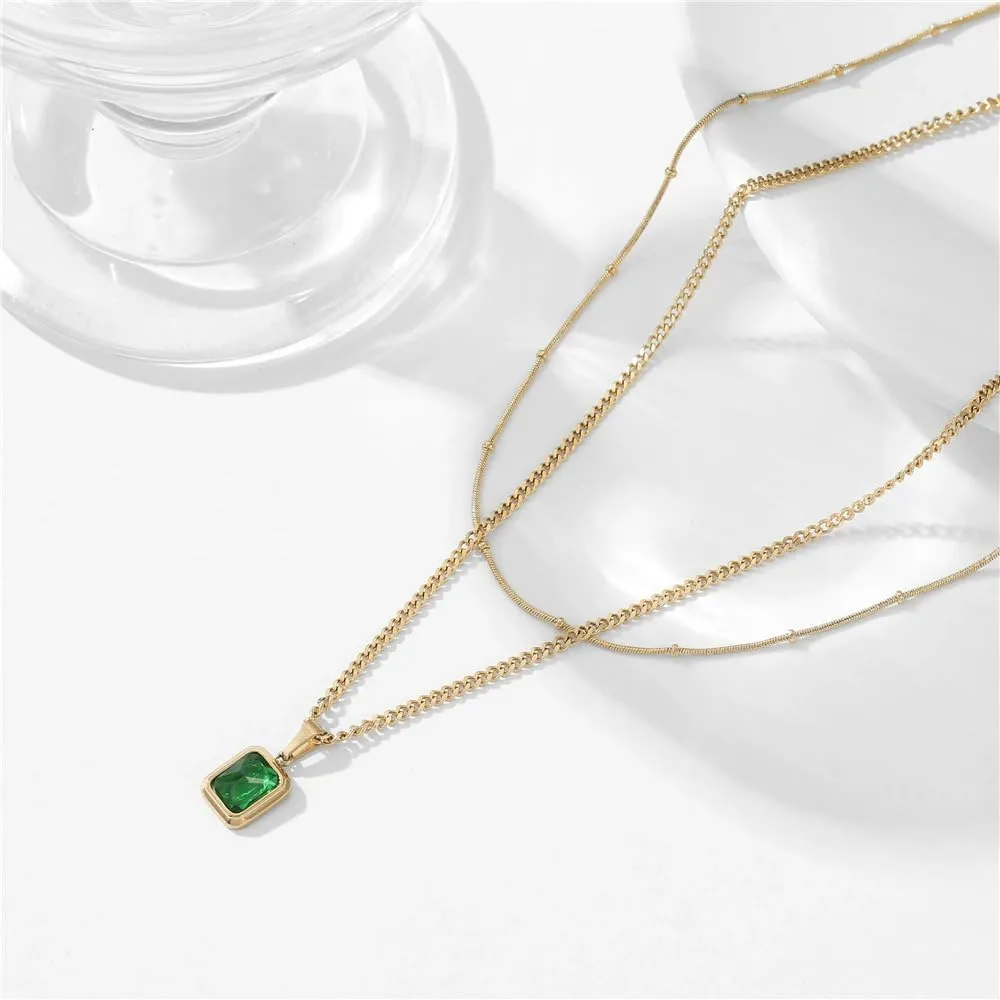 Q&D&S 18k Gold Emerald Necklace for WomenBirthstone Rectangle Princess Cut Charm NecklaceBlue Sapphire or Green Emerald Gemstone Pendant Necklace