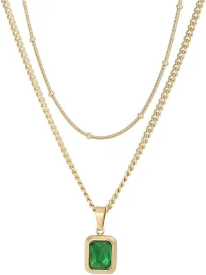 Q&D&S 18k Gold Emerald Necklace for WomenBirthstone Rectangle Princess Cut Charm NecklaceBlue Sapphire or Green Emerald Gemstone Pendant Necklace