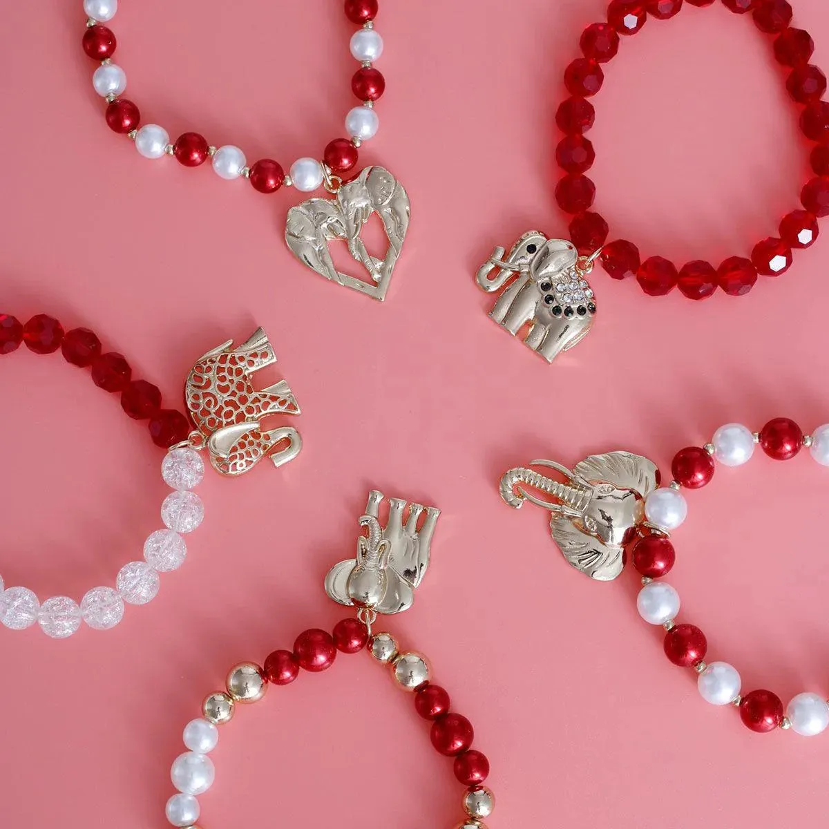 Red & White Elephant Charm Bracelet Set (5pcs)