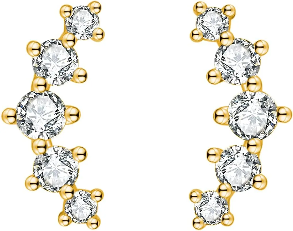 Reffeer Solid 925 Sterling Silver CZ Cuff Stud Earrings for Women Teens Crystals Stud Earrings Sparkle