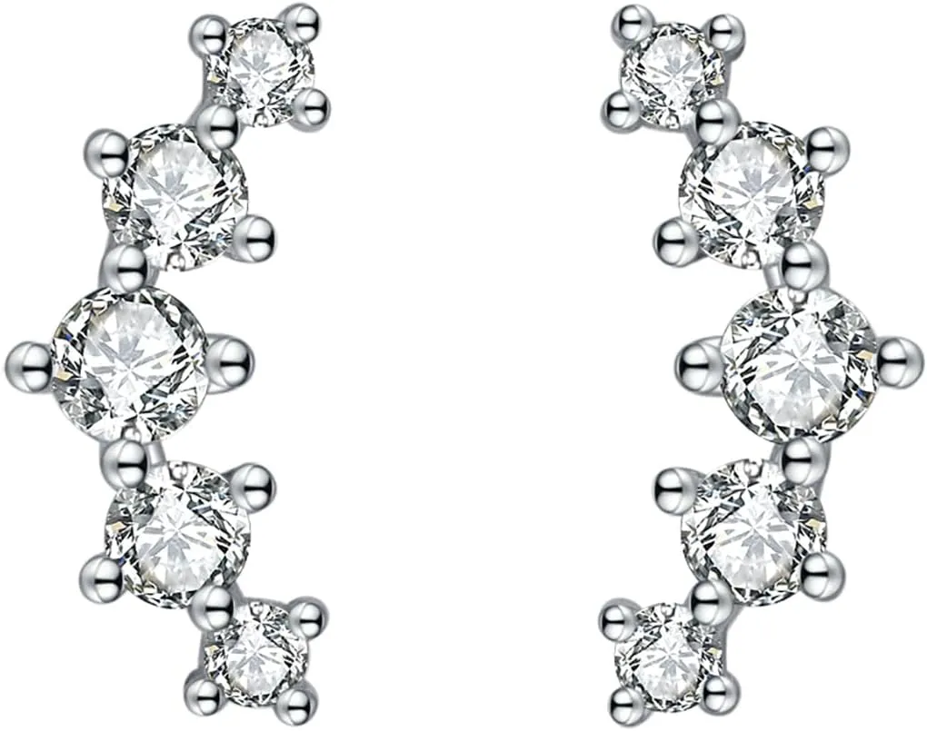 Reffeer Solid 925 Sterling Silver CZ Cuff Stud Earrings for Women Teens Crystals Stud Earrings Sparkle
