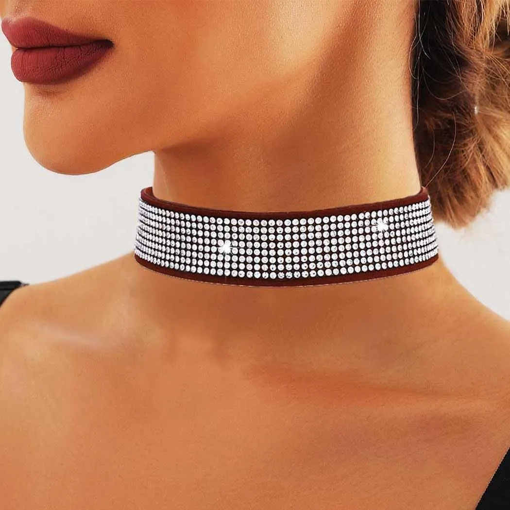 Rhinestone Choker Necklace Gothic Choker Collar Adjustable Velvet Choker Halloween Nighclub Rave Party Sparkle Crytal Necklaces for Women