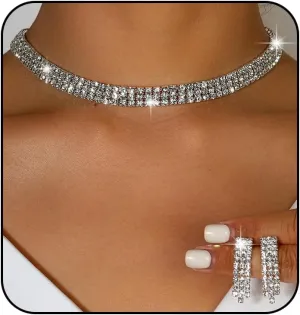 Rhinestone Choker Necklaces for Women Silver Diamond Choker and Earring Prom Jewelry Set for Women Sliver choker Necklace Bridal Jewelry for Wedding Prom jewelry Gift