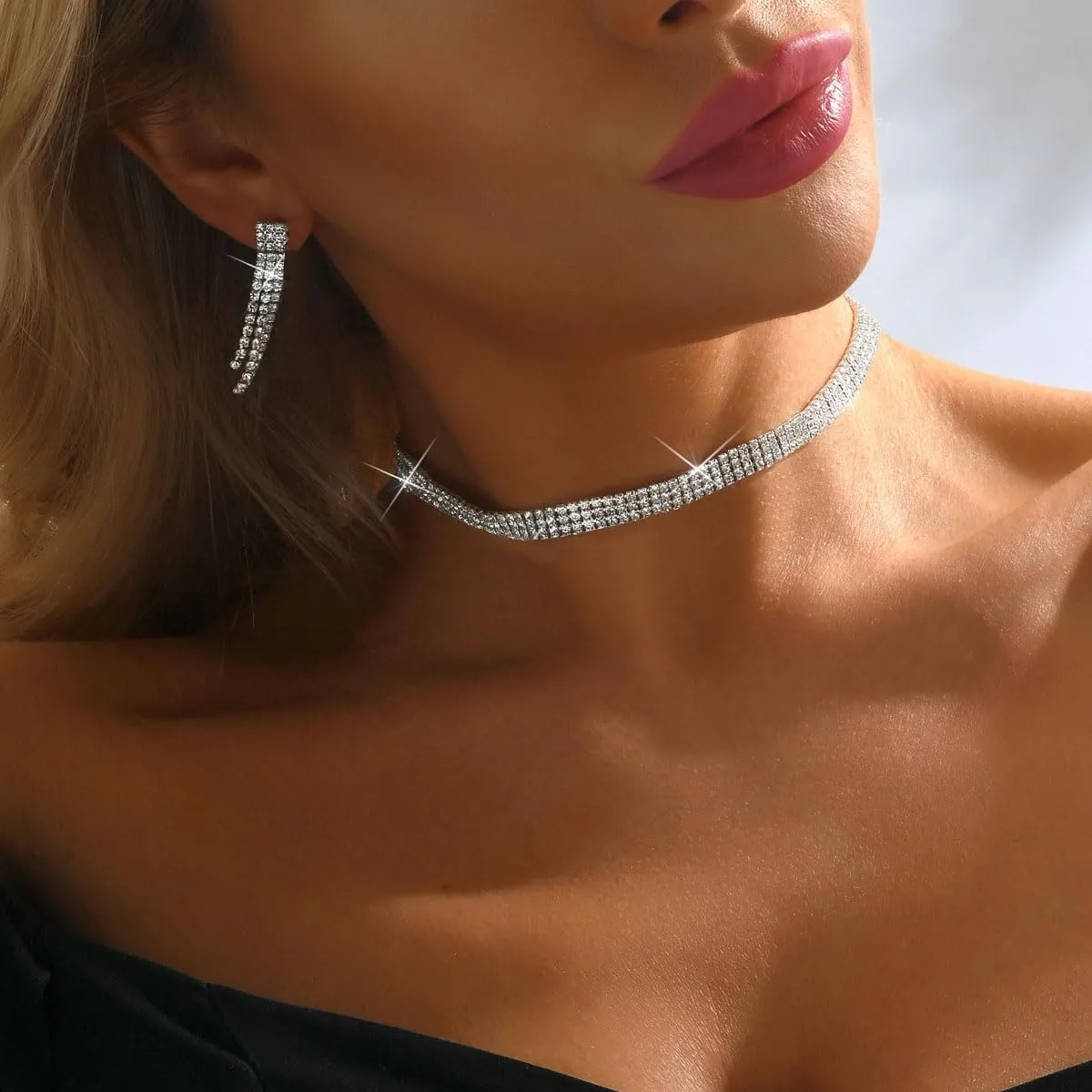 Rhinestone Choker Necklaces for Women Silver Diamond Choker and Earring Prom Jewelry Set for Women Sliver choker Necklace Bridal Jewelry for Wedding Prom jewelry Gift