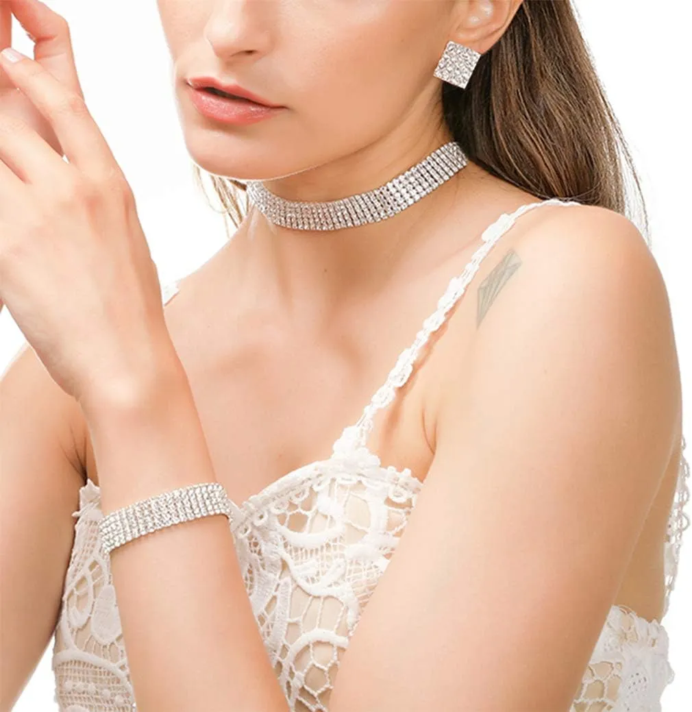 Rhinestone Choker Necklaces Silver Diamond Choker Bracelet Crystal Earrings Necklace Set for Women Sexy Rhinestone Party Wedding Jewelry Set