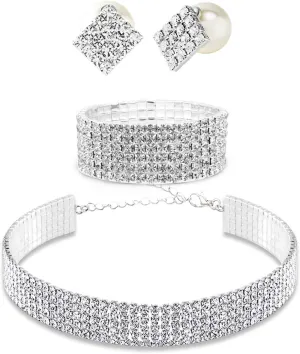 Rhinestone Choker Necklaces Silver Diamond Choker Bracelet Crystal Earrings Necklace Set for Women Sexy Rhinestone Party Wedding Jewelry Set