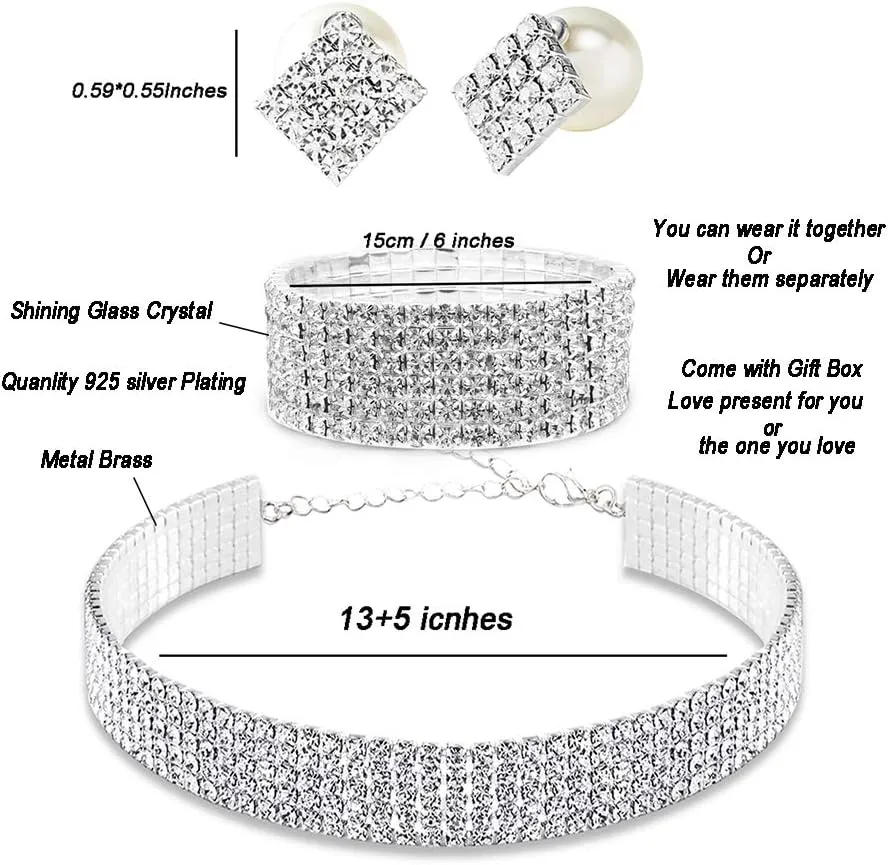 Rhinestone Choker Necklaces Silver Diamond Choker Bracelet Crystal Earrings Necklace Set for Women Sexy Rhinestone Party Wedding Jewelry Set