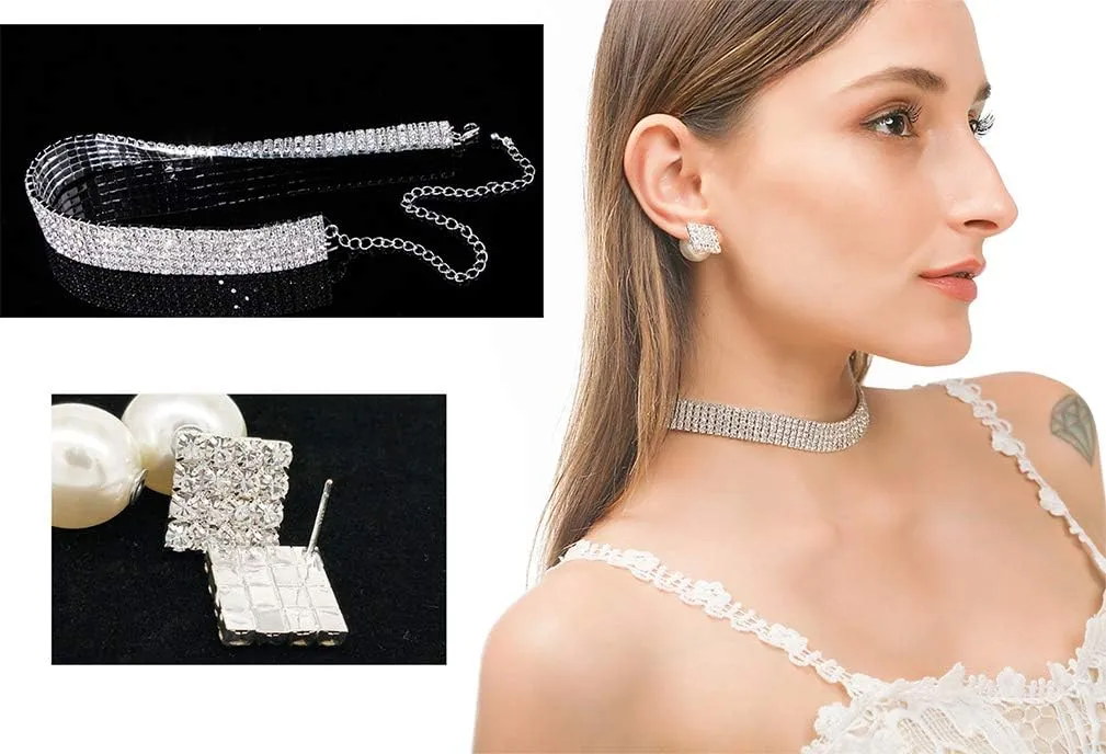 Rhinestone Choker Necklaces Silver Diamond Choker Bracelet Crystal Earrings Necklace Set for Women Sexy Rhinestone Party Wedding Jewelry Set