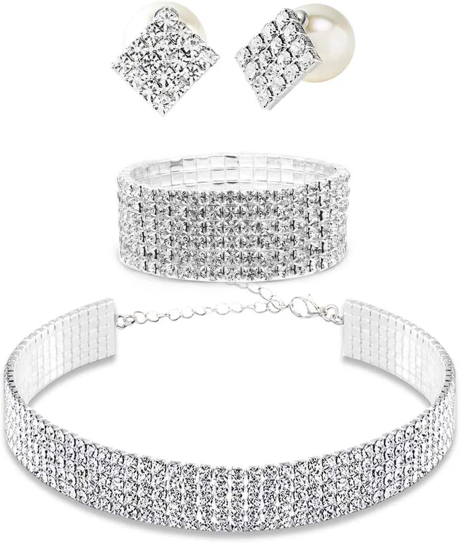 Rhinestone Choker Necklaces Silver Diamond Choker Bracelet Crystal Earrings Necklace Set for Women Sexy Rhinestone Party Wedding Jewelry Set