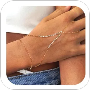 Rhinstone Hand Chain Bracelet for Bridal Wedding Crystal Dainty Bracelets Ring Bracelet Hand Chain Jewelry for Women Summer Beach Bracelets