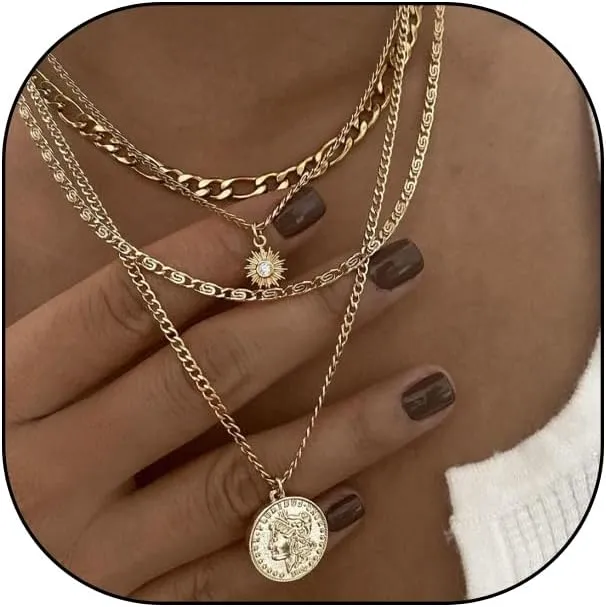 Rrdaily Gold Layered Coin Pendant Necklace for Women Multilevel Adjustable Figaro Chain Statement Choker Vintage Portrait Coin Necklace Holiday Charm Jewelry