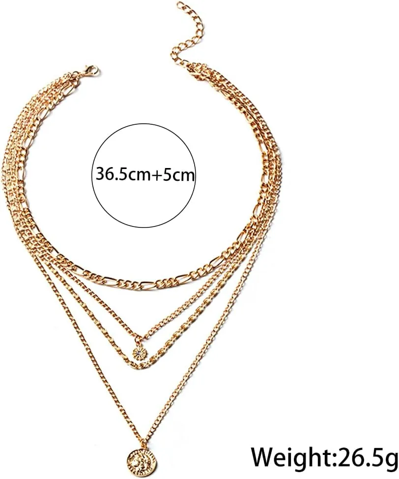 Rrdaily Gold Layered Coin Pendant Necklace for Women Multilevel Adjustable Figaro Chain Statement Choker Vintage Portrait Coin Necklace Holiday Charm Jewelry