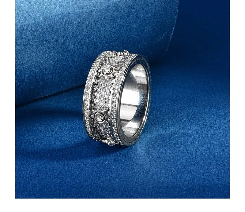 S925 Sterling Silver CNC Gear Full Diamond Rotating Ring