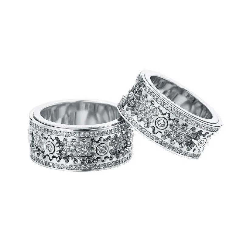 S925 Sterling Silver CNC Gear Full Diamond Rotating Ring