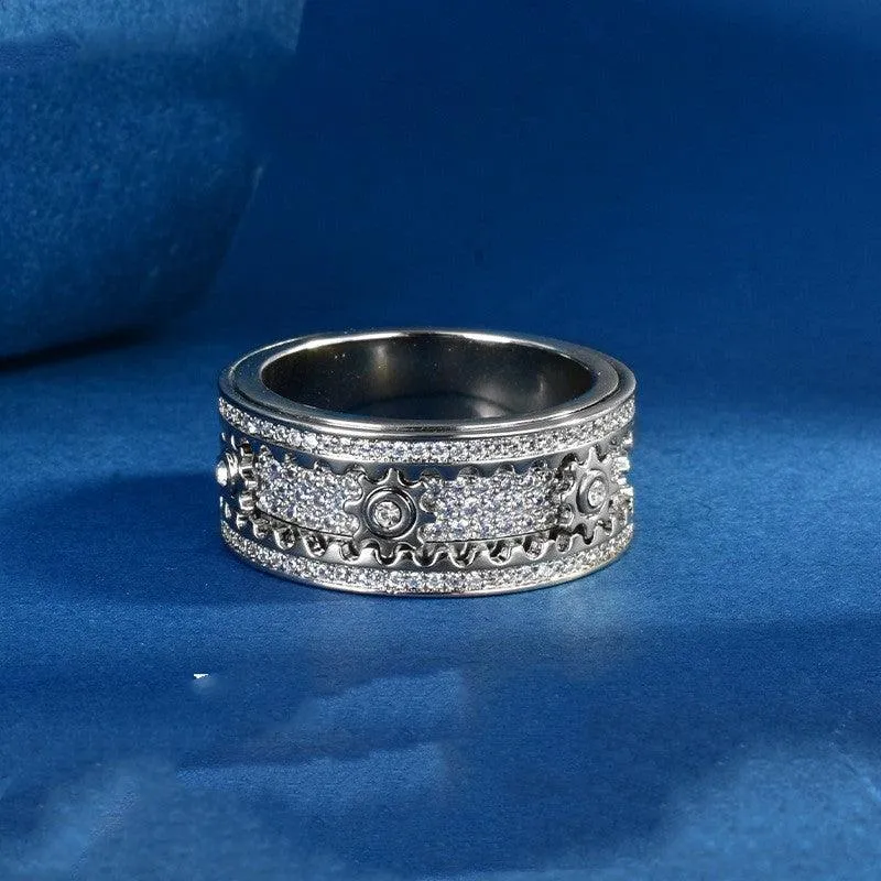 S925 Sterling Silver CNC Gear Full Diamond Rotating Ring