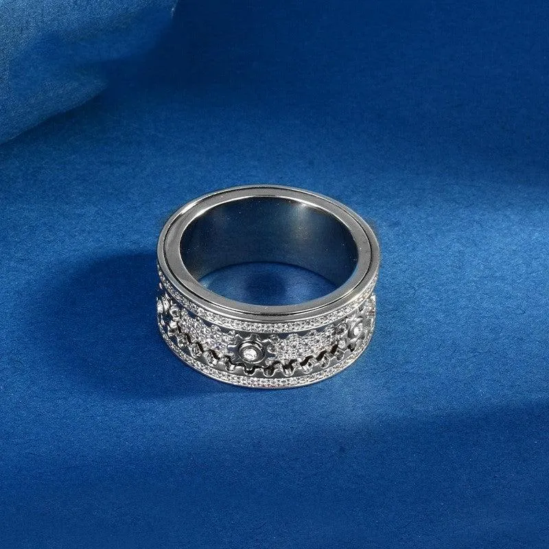 S925 Sterling Silver CNC Gear Full Diamond Rotating Ring