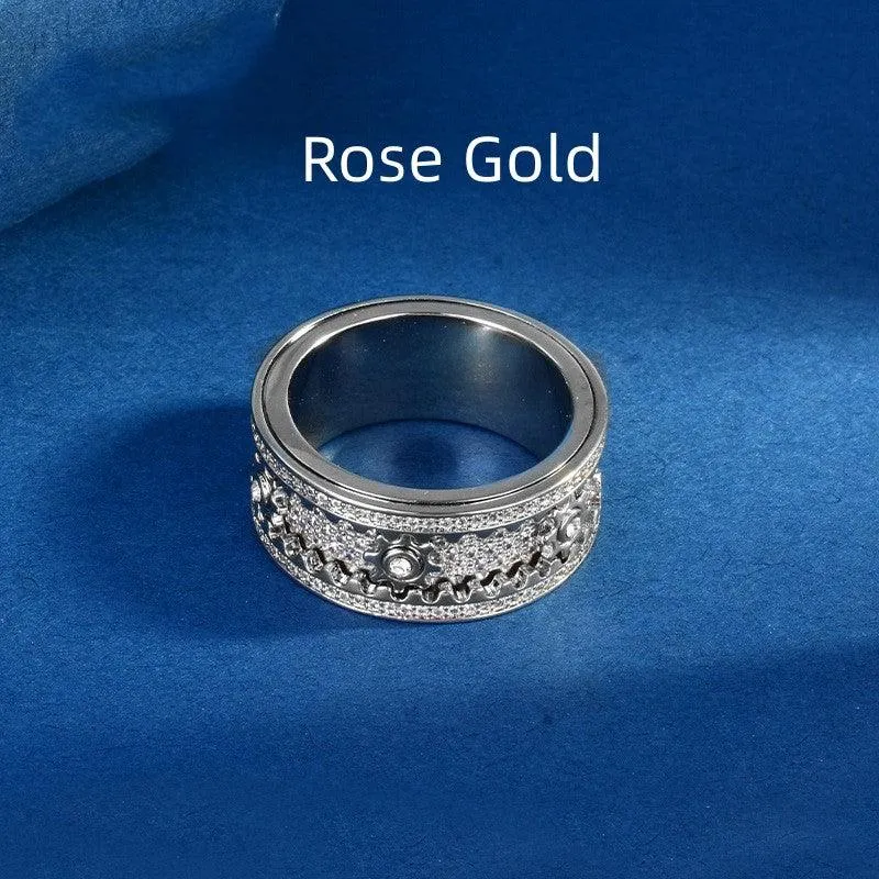 S925 Sterling Silver CNC Gear Full Diamond Rotating Ring