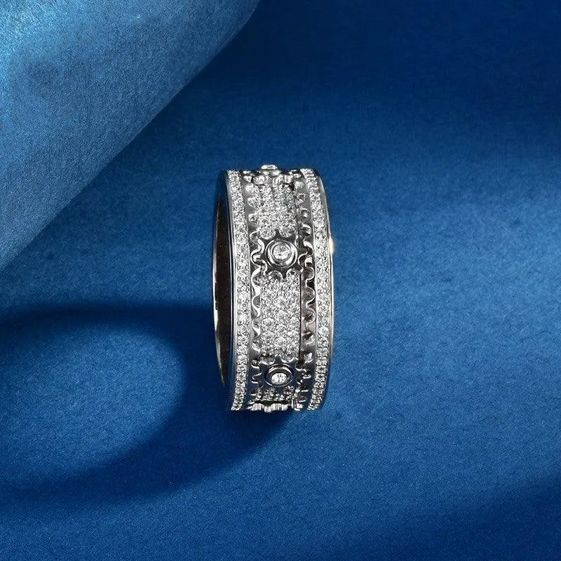 S925 Sterling Silver CNC Gear Full Diamond Rotating Ring