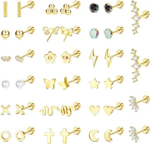 Sanfenly 20 Pairs Stud Earrings for Women Men 20G Stainless Steel Tiny Cartlidge Earrings Stud Small Snake Star Moon Ball Butterfly Flower Heart Screw Flat Back Stud Earrings Piercing Earrings Set