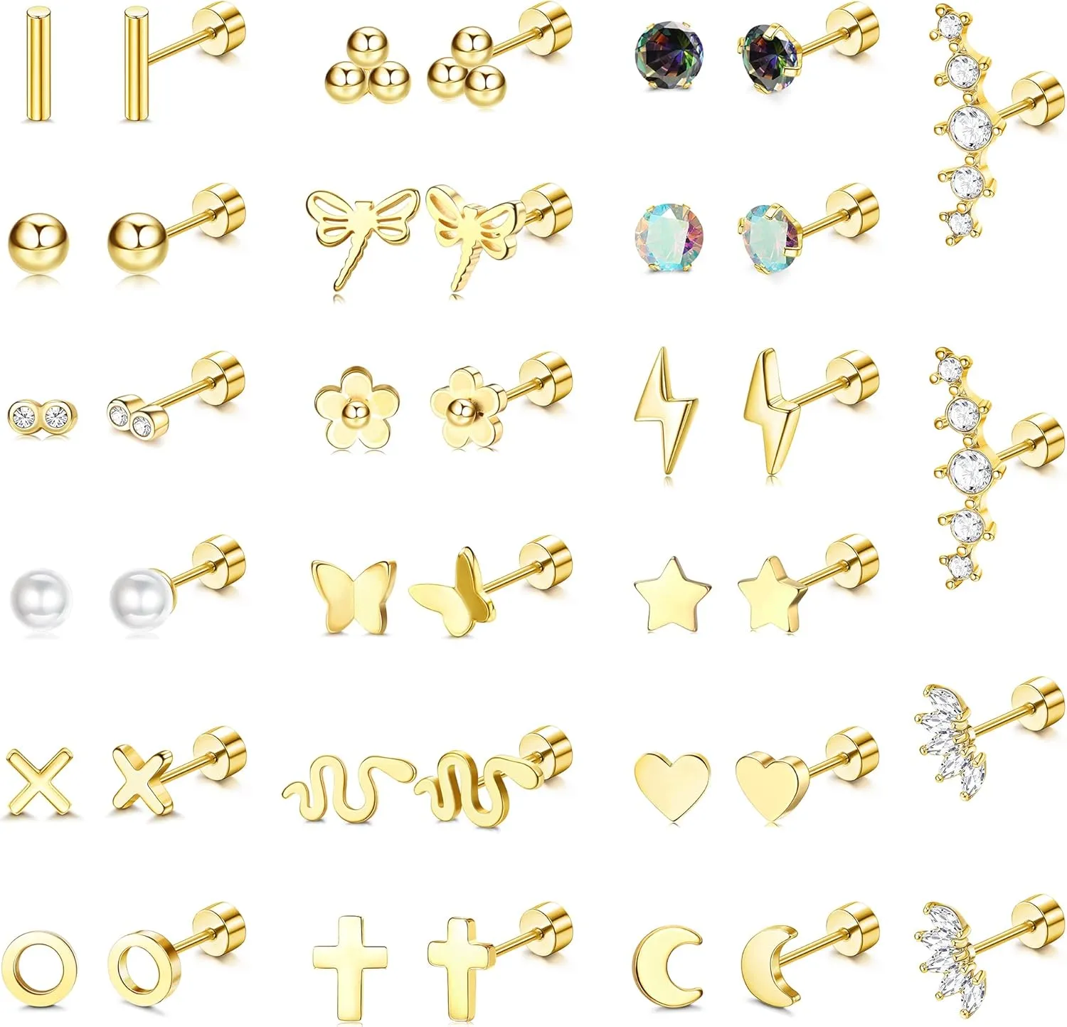Sanfenly 20 Pairs Stud Earrings for Women Men 20G Stainless Steel Tiny Cartlidge Earrings Stud Small Snake Star Moon Ball Butterfly Flower Heart Screw Flat Back Stud Earrings Piercing Earrings Set