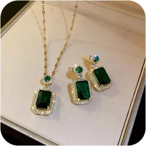 Sdouefos Women Jewelry Set Rhinestone Zircon Emerald Pendant Necklaces & Earrings Set 14K Gold Plated Sqauare Drop Dangle Earrings Pendant Hypoallergenic Jewelry Set 925 Sterling Silver Created