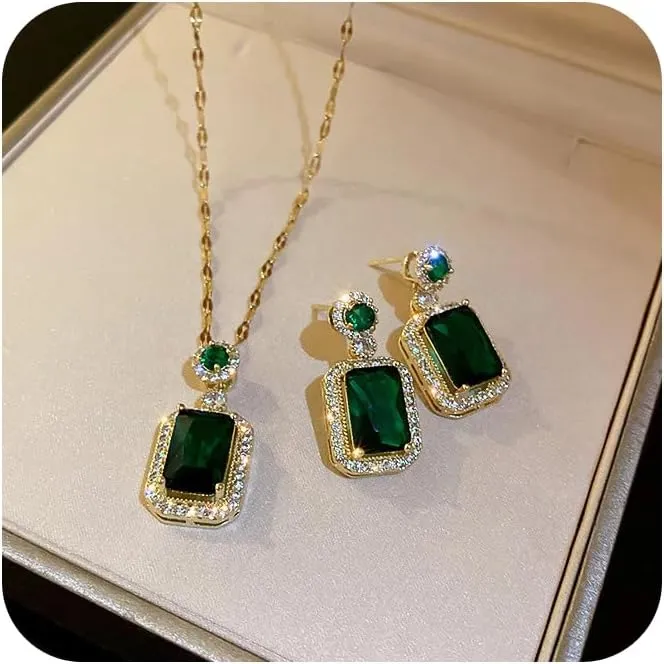 Sdouefos Women Jewelry Set Rhinestone Zircon Emerald Pendant Necklaces & Earrings Set 14K Gold Plated Sqauare Drop Dangle Earrings Pendant Hypoallergenic Jewelry Set 925 Sterling Silver Created