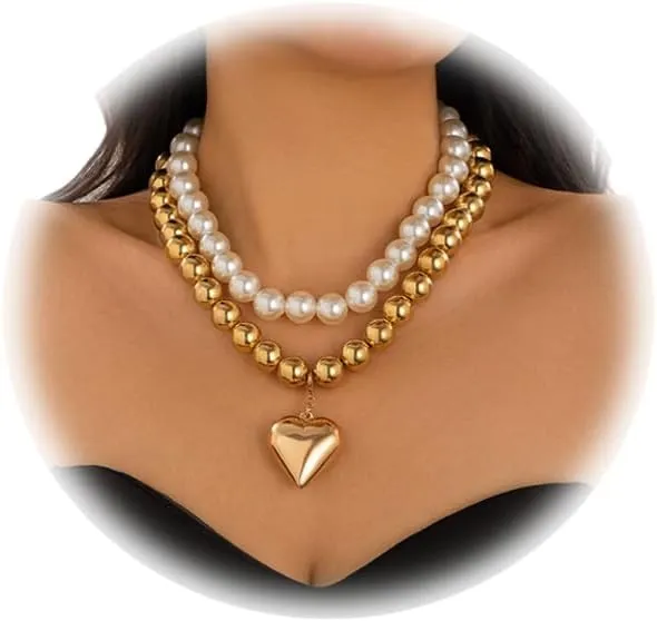 Sexy Bikini Beaded Choker Necklaces Summer Beach Pearl Clavicle Chain Necklace Multi-layered Heart Pendant Body Jewelry Festival Rave Pearl Collar Body Chain Necklace for Women