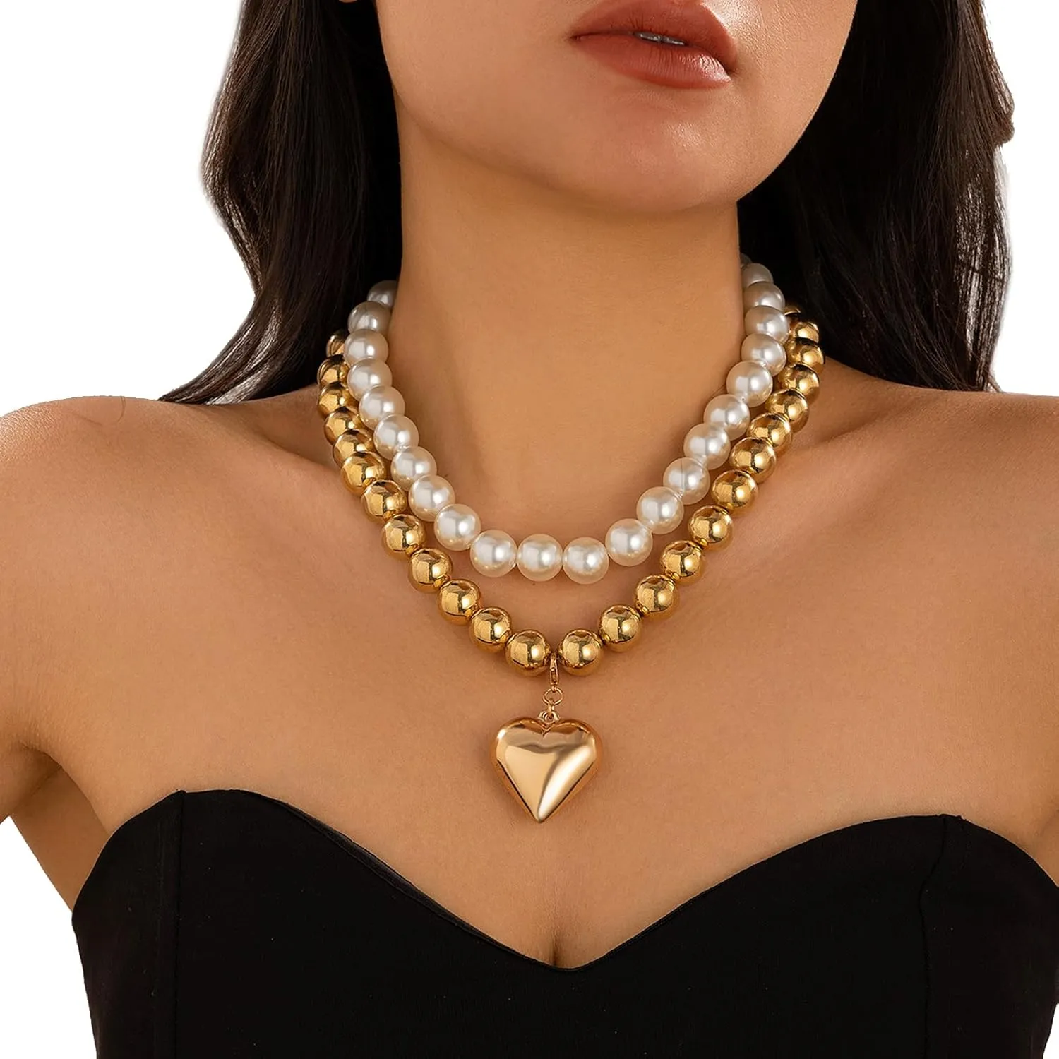 Sexy Bikini Beaded Choker Necklaces Summer Beach Pearl Clavicle Chain Necklace Multi-layered Heart Pendant Body Jewelry Festival Rave Pearl Collar Body Chain Necklace for Women