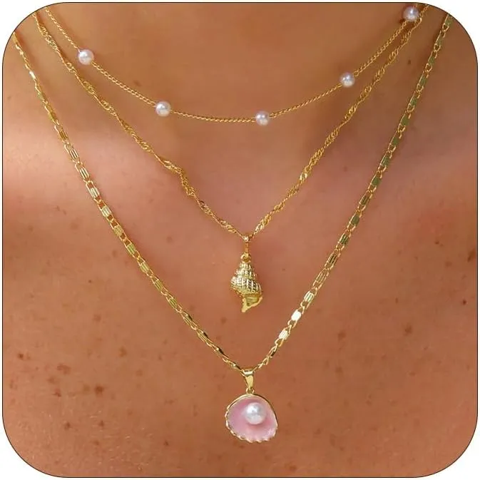 Shell Necklace for Women Gold Layered Conch Seashell Starfish Pendant Necklace Boho Summer Beach Vacation Jewelry for Women