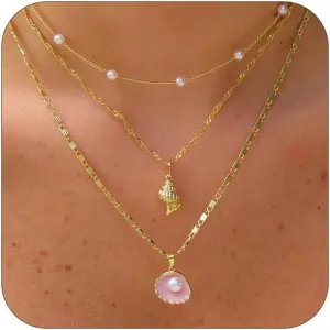 Shell Necklace for Women Gold Layered Conch Seashell Starfish Pendant Necklace Boho Summer Beach Vacation Jewelry for Women