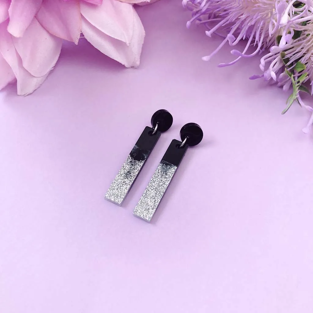 Shiny Long Black with Silver Glitter Resin Earrings