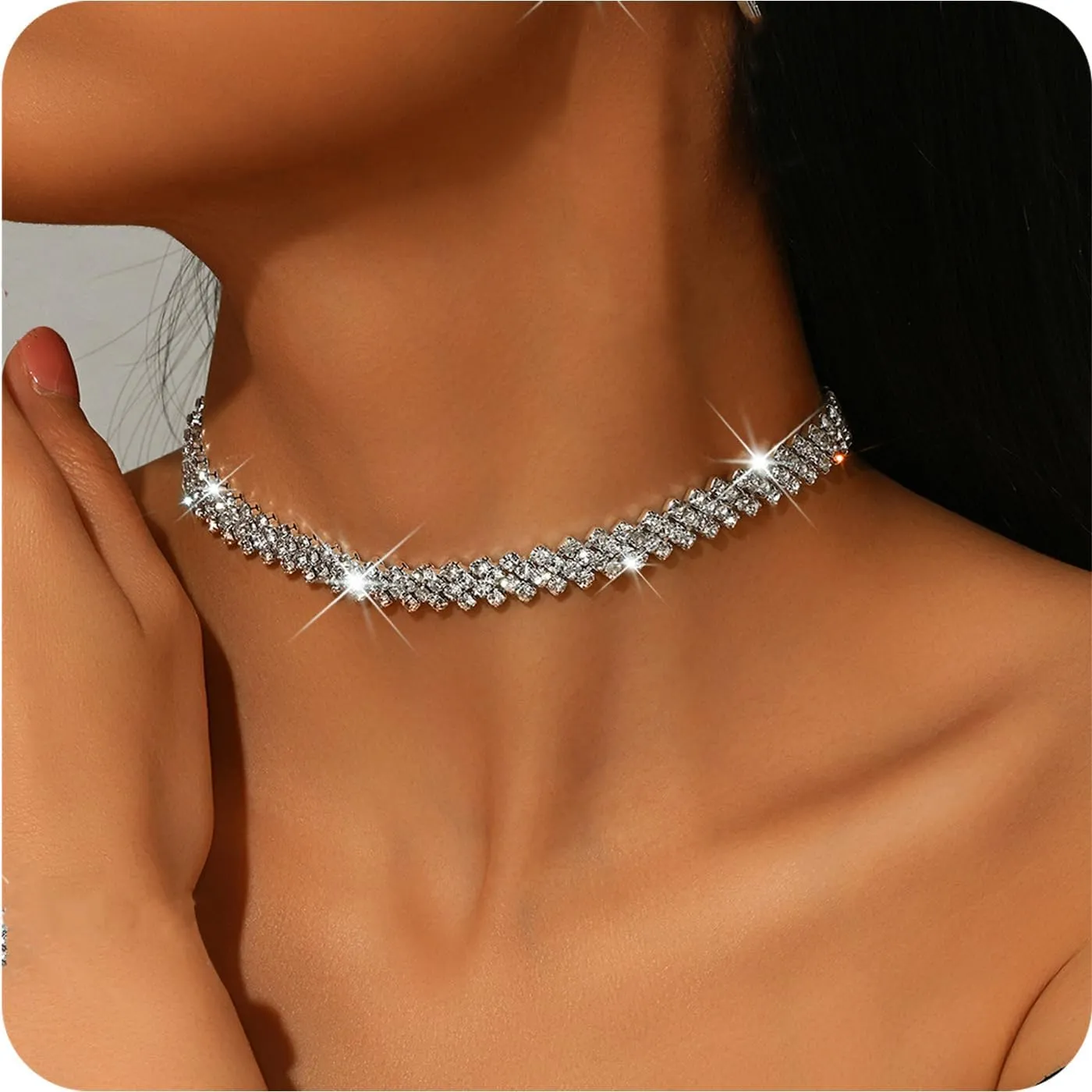 Silver Choker Necklaces for Women Rhinestone Choker Diamond Choker Necklace Women??s Silver Prom Necklace Sparkly Crystal Rhinestone Choker for Prom Party Jewelry Gift