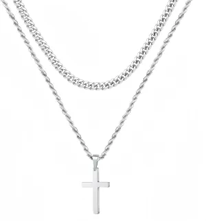 Silver-White Double-Layered Stainless Steel Cross of European and American Hip-Hop Style, with Cuban Niche Design, Cool and Senior Fashion (Silver stainless steel cross necklace, Silver)