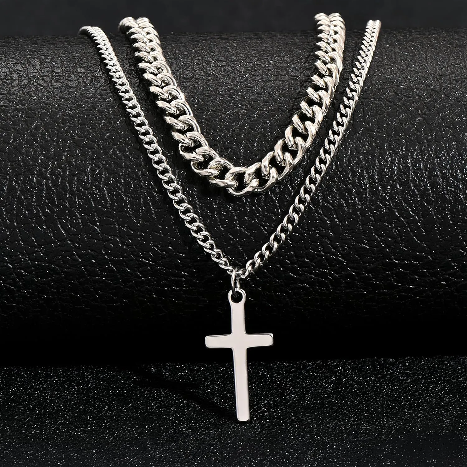 Silver-White Double-Layered Stainless Steel Cross of European and American Hip-Hop Style, with Cuban Niche Design, Cool and Senior Fashion (Silver stainless steel cross necklace, Silver)