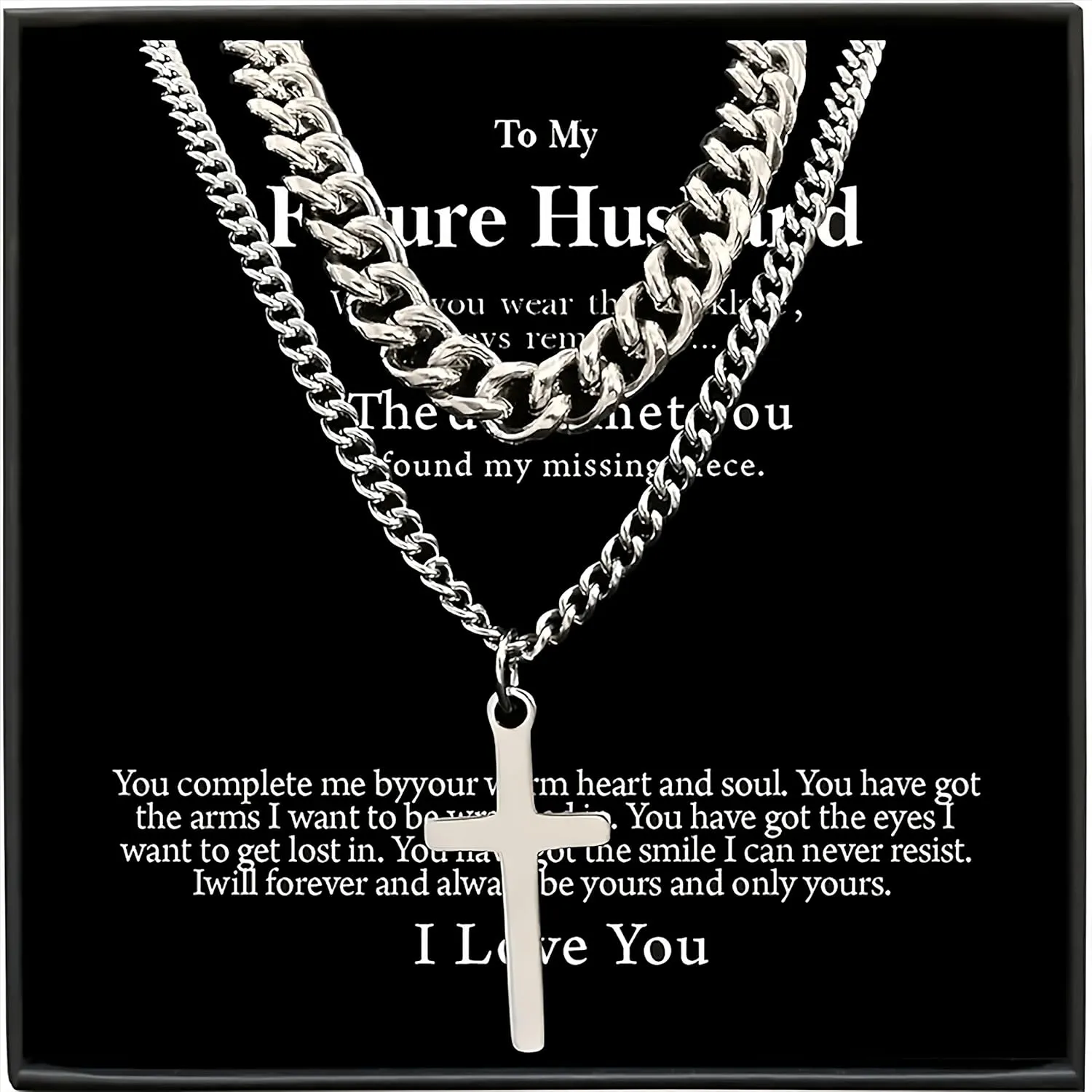 Silver-White Double-Layered Stainless Steel Cross of European and American Hip-Hop Style, with Cuban Niche Design, Cool and Senior Fashion (Silver stainless steel cross necklace, Silver)