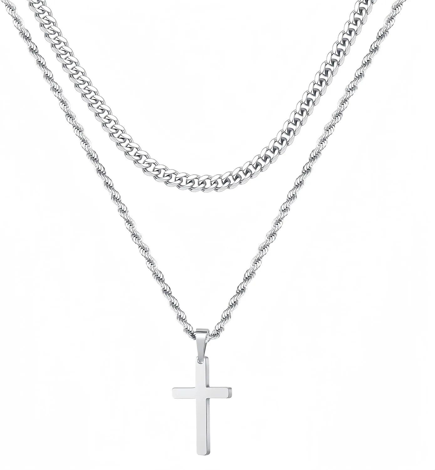 Silver-White Double-Layered Stainless Steel Cross of European and American Hip-Hop Style, with Cuban Niche Design, Cool and Senior Fashion (Silver stainless steel cross necklace, Silver)