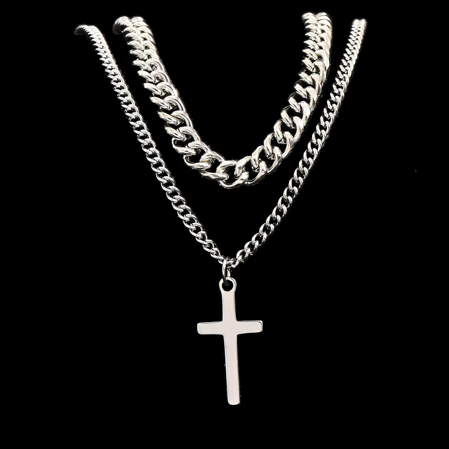 Silver-White Double-Layered Stainless Steel Cross of European and American Hip-Hop Style, with Cuban Niche Design, Cool and Senior Fashion (Silver stainless steel cross necklace, Silver)