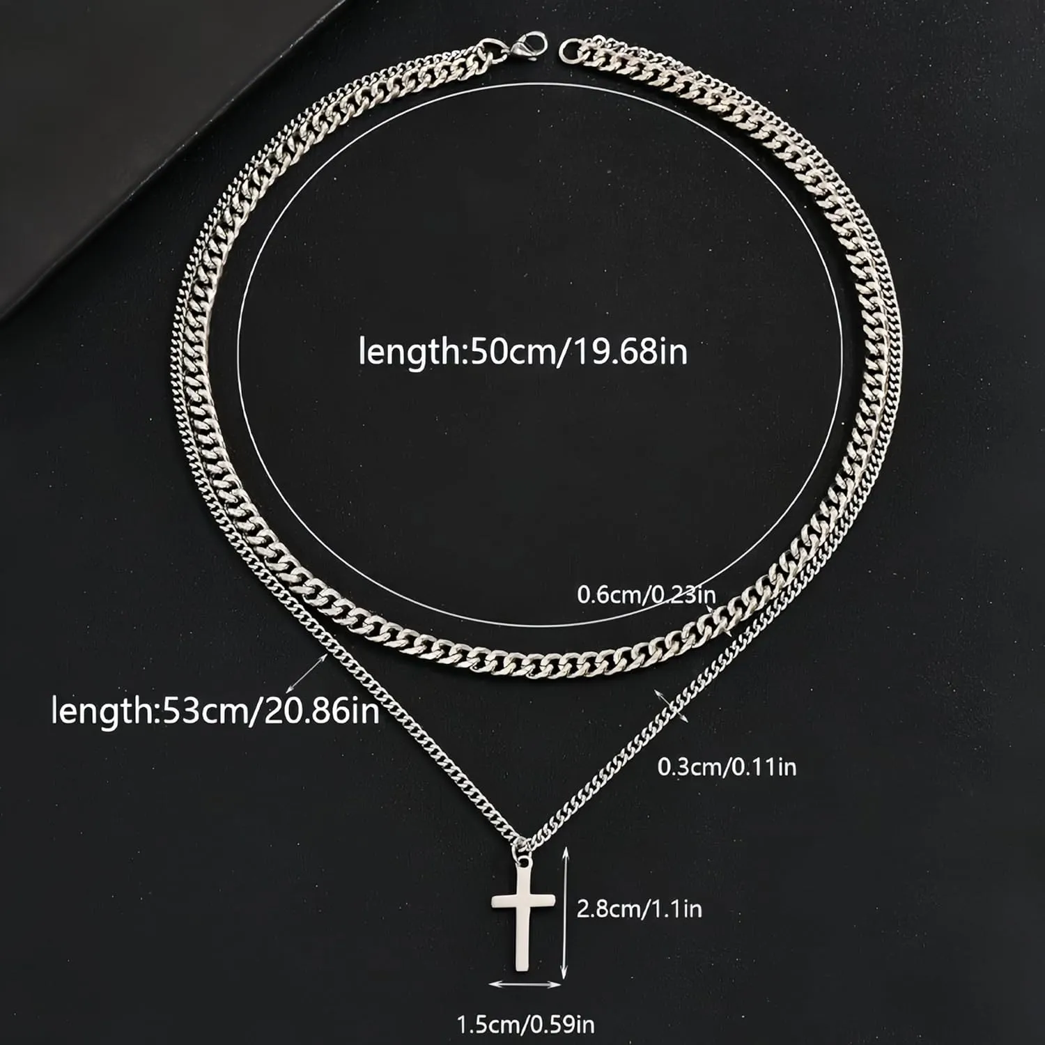 Silver-White Double-Layered Stainless Steel Cross of European and American Hip-Hop Style, with Cuban Niche Design, Cool and Senior Fashion (Silver stainless steel cross necklace, Silver)