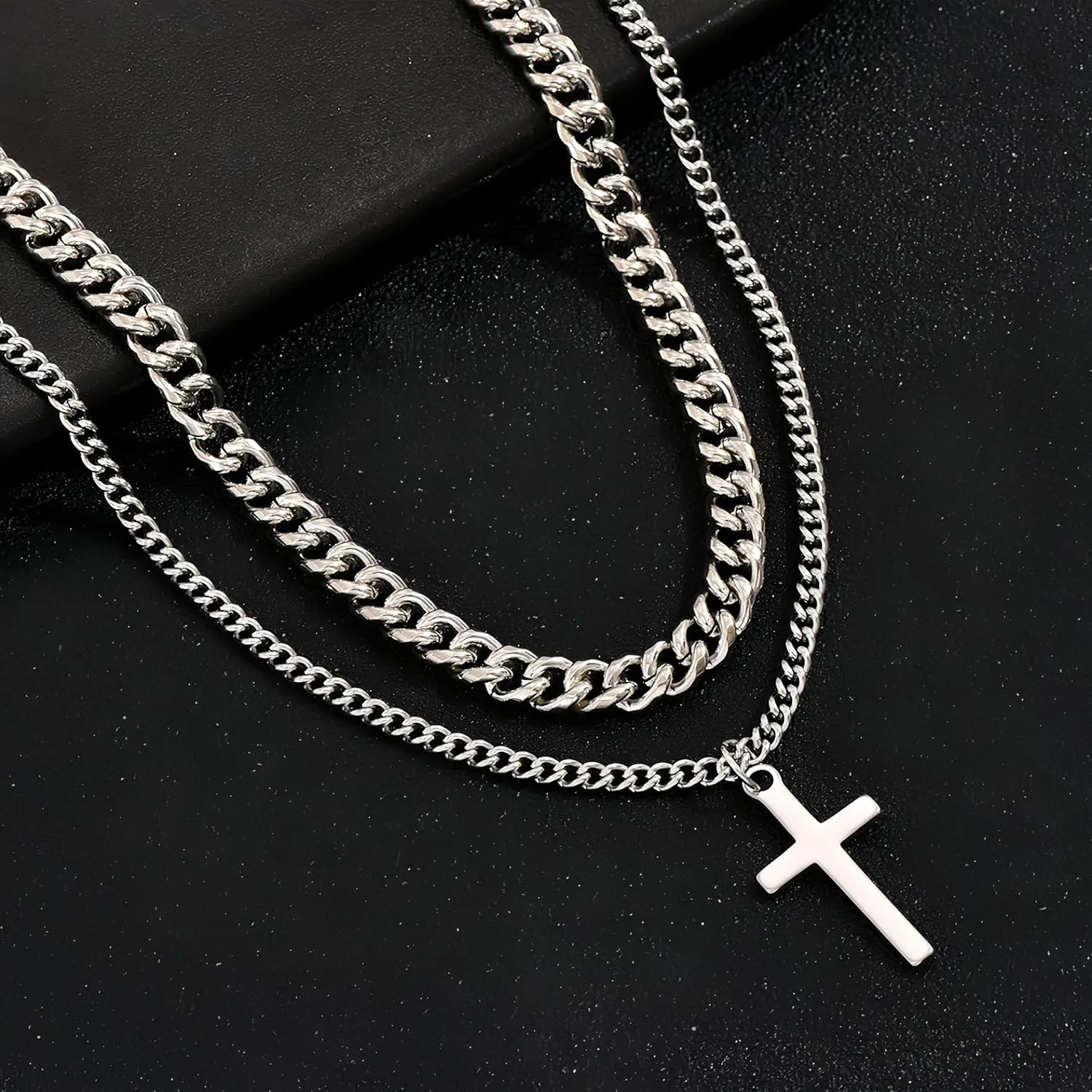 Silver-White Double-Layered Stainless Steel Cross of European and American Hip-Hop Style, with Cuban Niche Design, Cool and Senior Fashion (Silver stainless steel cross necklace, Silver)