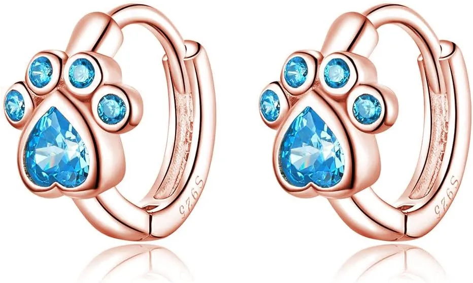 SLUYNZ Dog Paw Small Hoop Earrings for Women Blue Crystal Huggie Earring Puppy Cat Paw Hoop Earrings