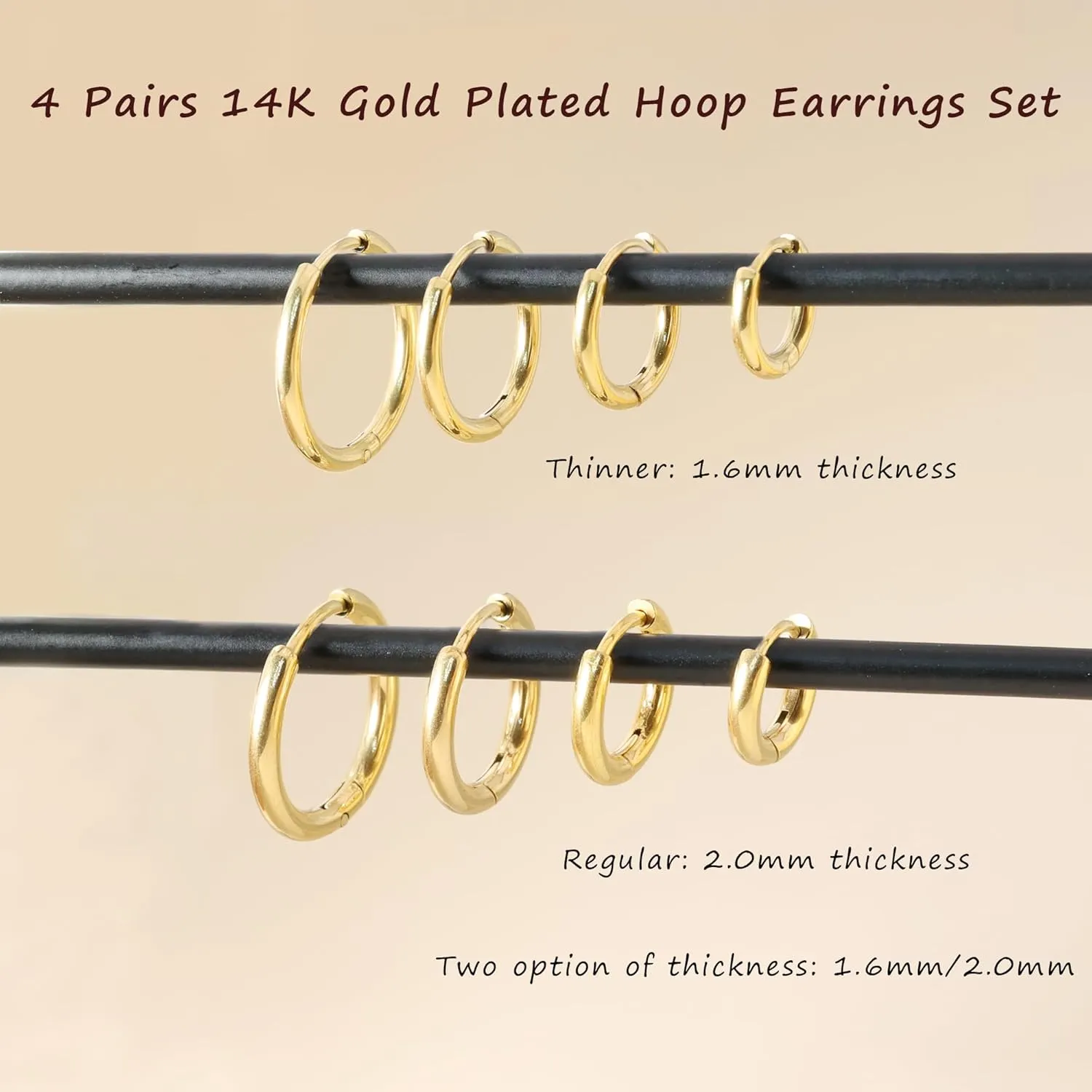 Small Hoop Earrings for Women Men Girls 14k Real Gold Plated Thin Gold Huggie Hoops Set for Cartilage Helix Hypoallergenic Surgical Stainless Steel 6/8/10/12mm
