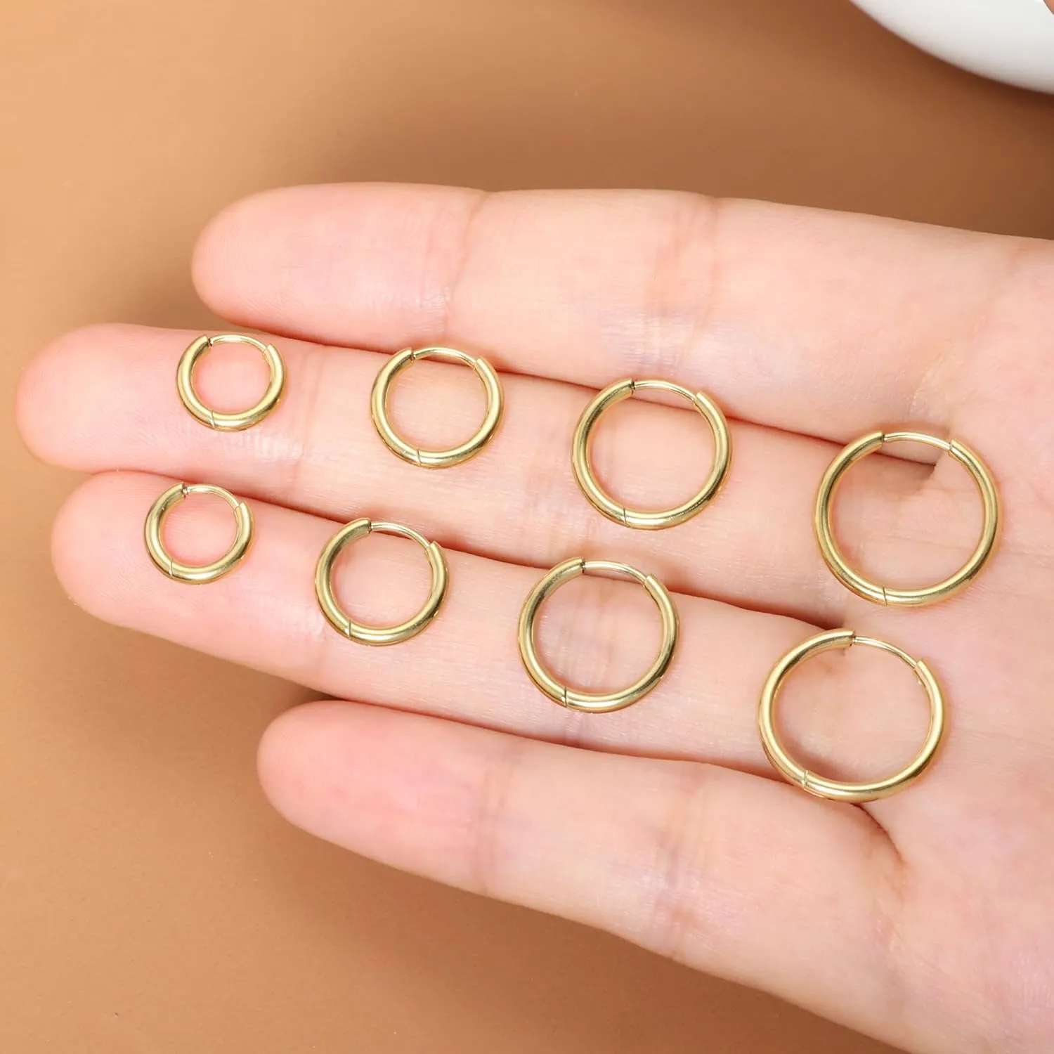 Small Hoop Earrings for Women Men Girls 14k Real Gold Plated Thin Gold Huggie Hoops Set for Cartilage Helix Hypoallergenic Surgical Stainless Steel 6/8/10/12mm
