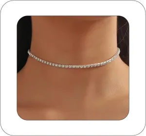 Sparkling Rhinestones Necklace for Women Trendy Silver Choker Necklace Classic Tennis Necklaces Dainty Chain Necklaces Crystal Jewelry for Party