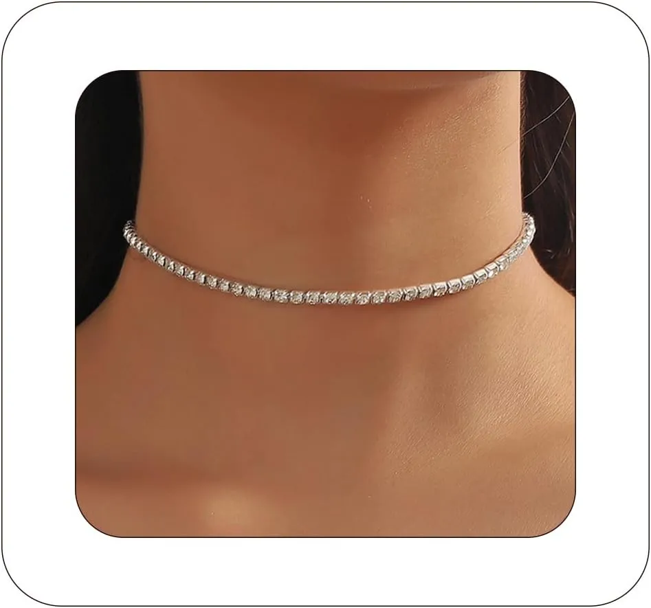 Sparkling Rhinestones Necklace for Women Trendy Silver Choker Necklace Classic Tennis Necklaces Dainty Chain Necklaces Crystal Jewelry for Party