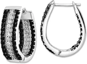 Ss Rhodium Plated Black and White CZ Simulated Diamond Oval In And Out Hoop Earrings 21.5x16.5mm Wide 7mm Thick-Hoop Earring for Women