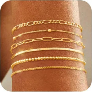 Stack Dainty Gold Beaded Bracelets Set for Women Trendy Tarnish Stackable Pack Layered 14K Chain Paperclip Bracelet Accessories Stacking Trending Small Adjustable Stacked Vintage Jewelry Gifts